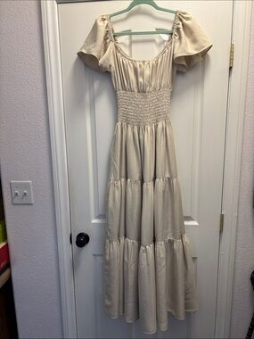 Beige Tiered Maxi Dress with Smocked Waist